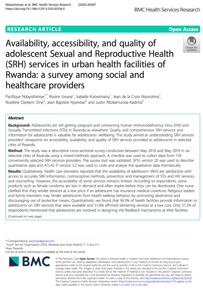 Report on availability, accessibility and quality of adolescent sexual and reproductive health (SRH) services in urban health facilities of Rwanda: a survey among social and healthcare providers