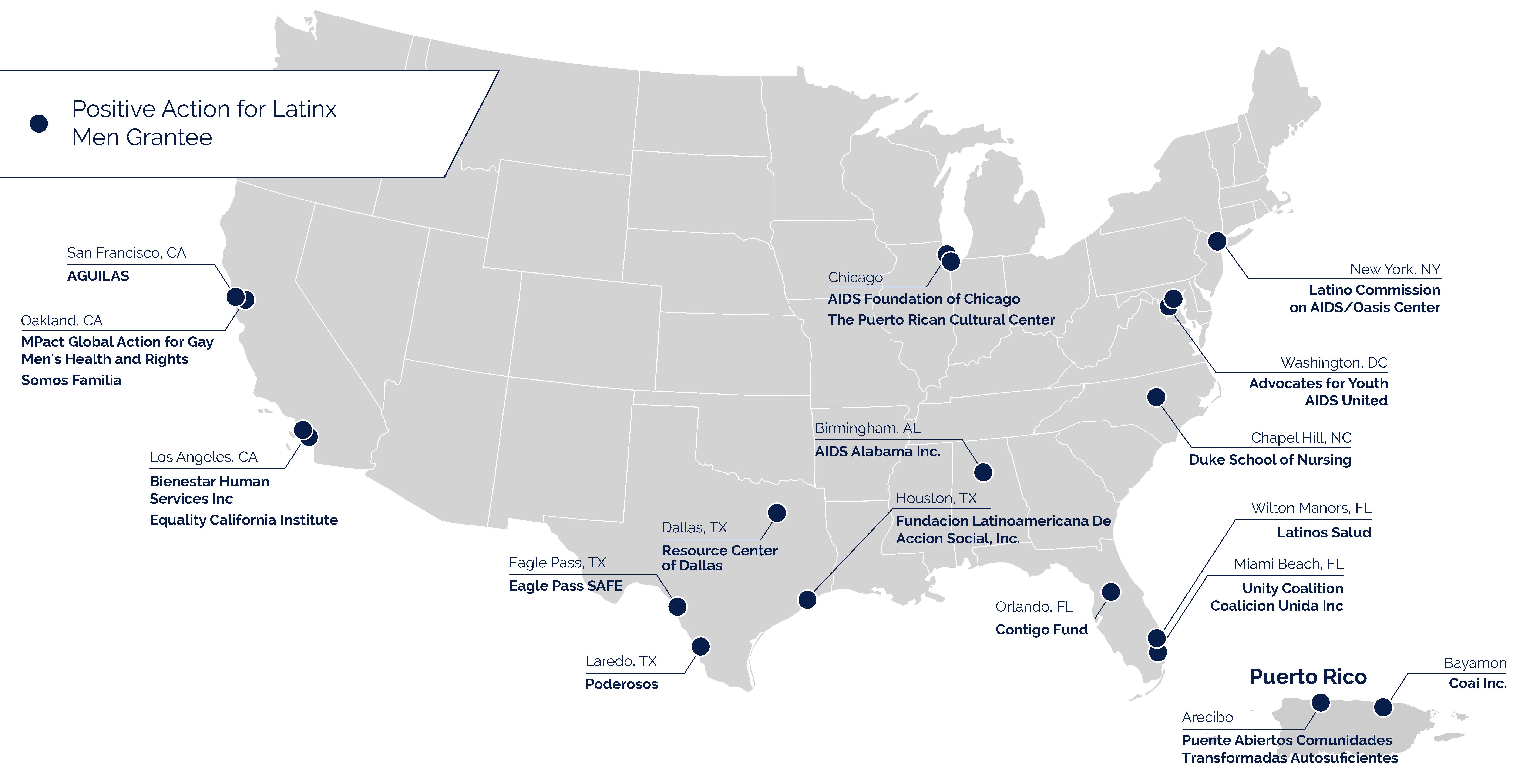 Positive Action for Latinx Men map identifying locations where grants have been given and listening tour sites Positive Action for Latinx Men map identifying locations where grants have been given and listening tour sites
